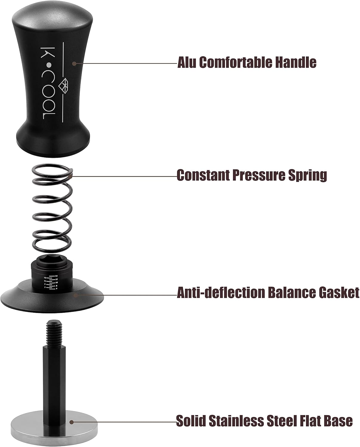 K COOL 51mm Coffee Espresso Tamper, Premium Barista Tools, Calibrated Spring Tamper, 100% Stainless Steel Flat Base Tamper with Scale Mark for Espresso Machine (Black)