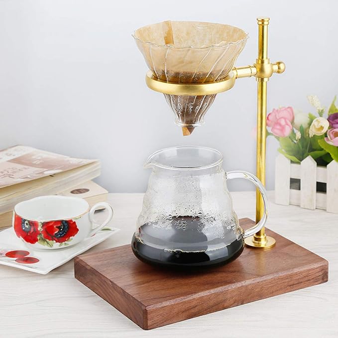 Pour Over Coffee Dripper Stand, Wooden Brass Coffee Filter Holder Drip Filter by Qiilu