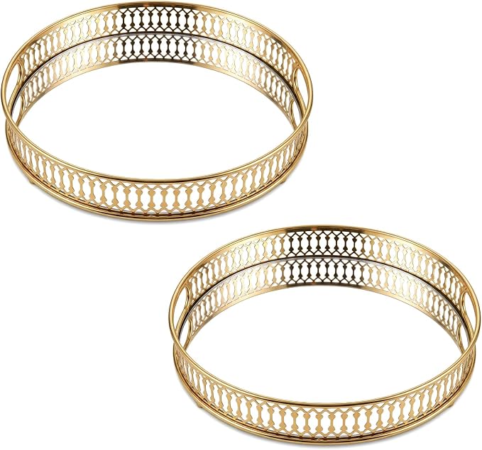 Yikinip12 Inch Round Glass and Gold Round Tray Set of 2，Dinner Plate Perfume by Yikinip