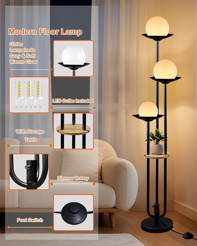 Lightdot Globe Floor Lamp with Shelf 3-Lights Modern Dimmable Floor Lamps 3000K - Image 3