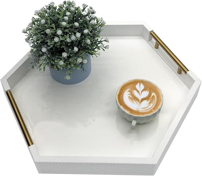 Serving Tray with Polished Metal Handles, Hexagon Coffee Table Tray, Modern by thewense