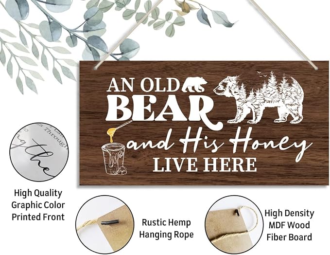 Funny Animal Theme Wood Decor Sign, Old Bear and His Honey Live Here, Hanging - Image 2