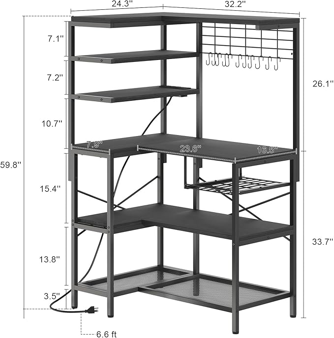 L-Shaped Bakers Rack with Power Outlet, 6-Tier Microwave Stand with Open Storage - Image 3