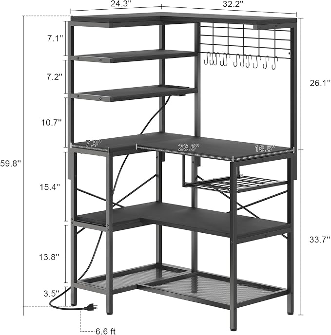 L-Shaped Bakers Rack with Power Outlet, 6-Tier Microwave Stand with Open Storage - Image 2