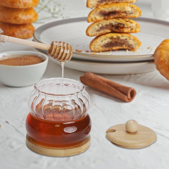 Pot with Dipper and Lid, 11oz Glass Jar with Wooden Base Tray and Wooden Lid - Image 5