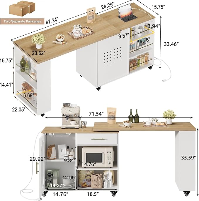 HSH Kitchen Island with 360° Swivel Table & Power Outlet, Rolling Kitchen - Image 2