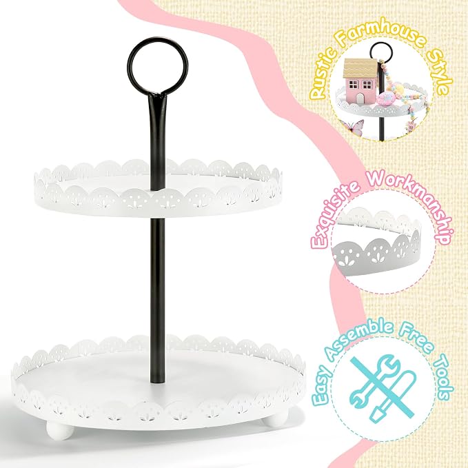 Wooden Two Tiered Tray Stand, Farmhouse Round 2 Tier Decorative Tray - Image 4