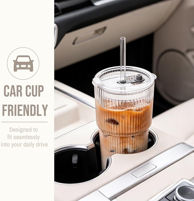 SoulTimes 20oz Glass Cups with Lids and Straws, Ribbed Glass Tumbler - Image 7