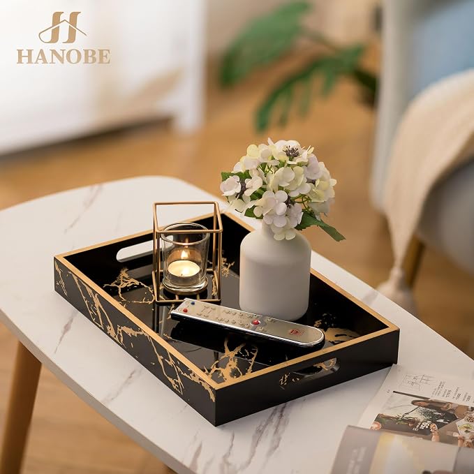 Hanobe Decorative Serving Tray Black: Imitation Marble Coffee Table Tray Decor - Image 2