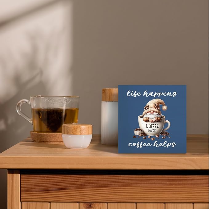 Rustic Coffee Gnomes Blue Wood Box Sign Desk Decor, Drink Lovers Gift Life - Image 2
