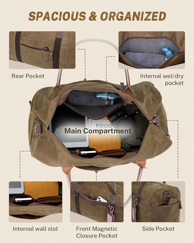 Gonex Waxed Canvas Duffle Bag for Travel, Water-resistant Vintage 55L Duffel - Image 6