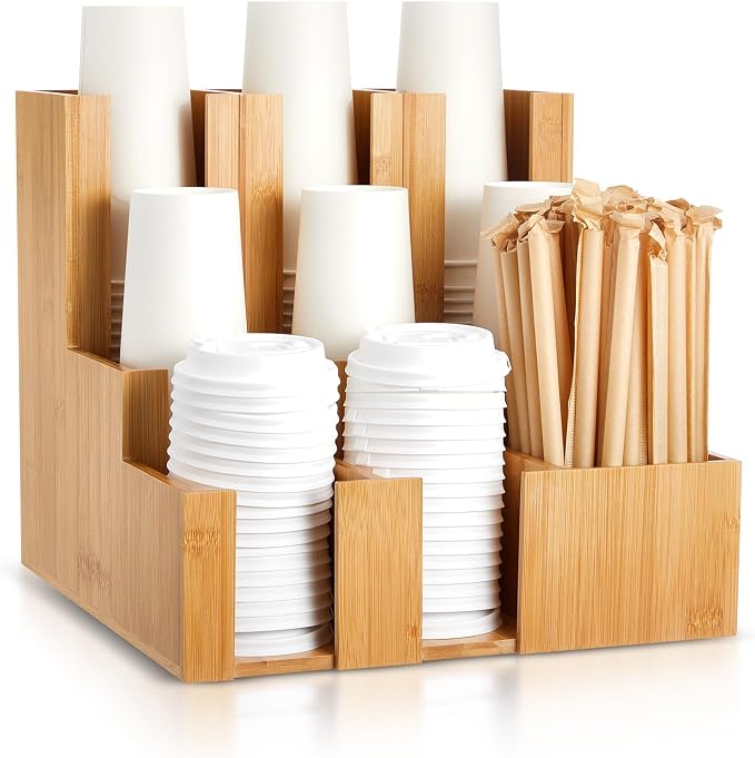 CroBlissful Bamboo Vertical Coffee Cup and Lid Dispenser, Coffee Condiment by CroBlissful