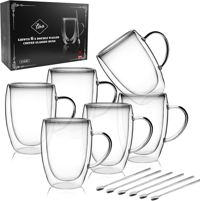 LIBWYS 6 Pack Double Walled Coffee Cups Glasses Mugs, 12oz Espresso Cappuccino by LIBWYS