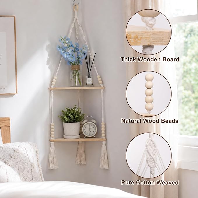 Artilady Macrame Wall Hanging Corner Shelf 2-Tier, Adjustable Boho Stable - Image 6