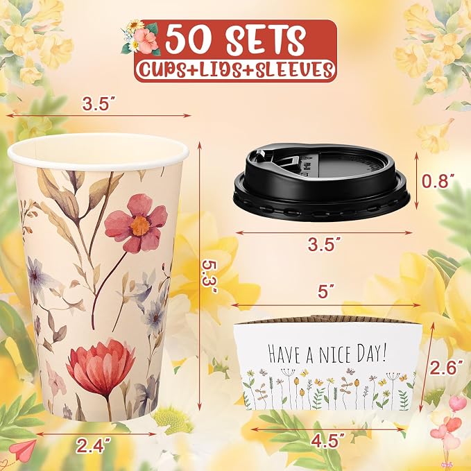 Lallisa 50 Pack 16oz Vintage Floral Disposable Coffee Cups - Image 2