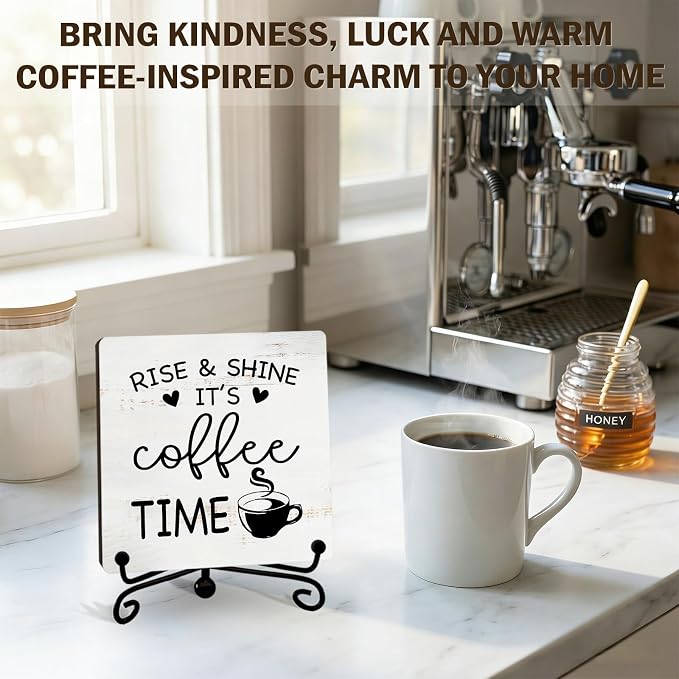 Minimalism Coffee Bar Decor, Rise & Shine It's Coffee Time Wood Plaque - Image 3