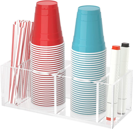 Double Cup Holder with Marker Slot, Party Cup Dispenser Acrylic Cup Organizer Mark Your Cup and Drink Up Caddy Modern Bar Counter Decor, Clear