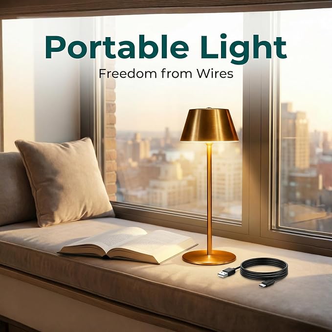 Gold Cordless Table Lamp, Premium All-Metal Brushed Wireless Rechargeable Lamp - Image 8