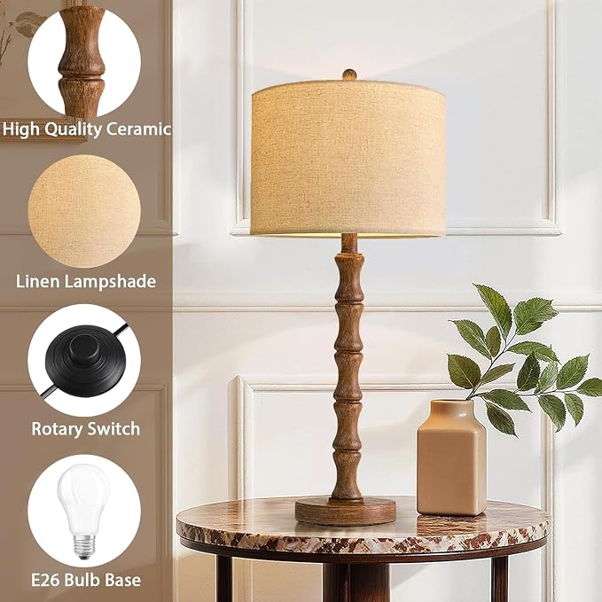 ILLMTW Wood Table Lamp Set of 2, Vintage Buffet Lamps Mid Century Bedside Lamp - Image 3