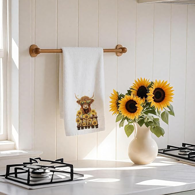 CUTHOLLOW Highland Cattle and Sunflower Decorative Kitchen Towels Set of 4 - Image 6