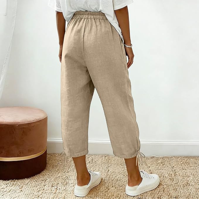 Linen Capri Pants for Women Drawstring Elastic Wide Leg Trouser 2026 Summer - Image 4
