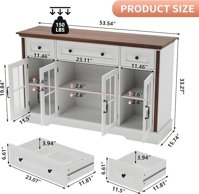 Sideboard Buffet Cabinet with Storage and Glass Doors, 4-Door Cabinet with 3 - Image 2