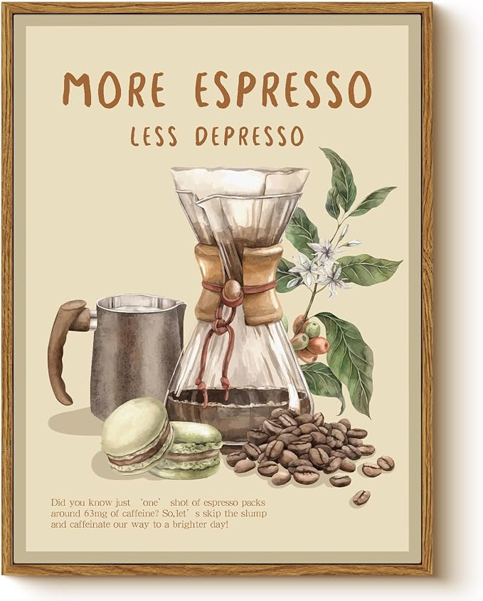 MORE ESPRESSO LESS DEPRESSO Quote Coffee Maker Framed Wall Art, 12x16 Inch by WHASAYART