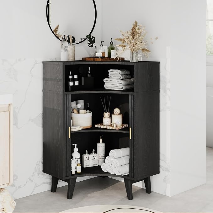 Fluted Corner Cabinet with Open Storage, Modern Floor Cabinets with Sliding - Image 7