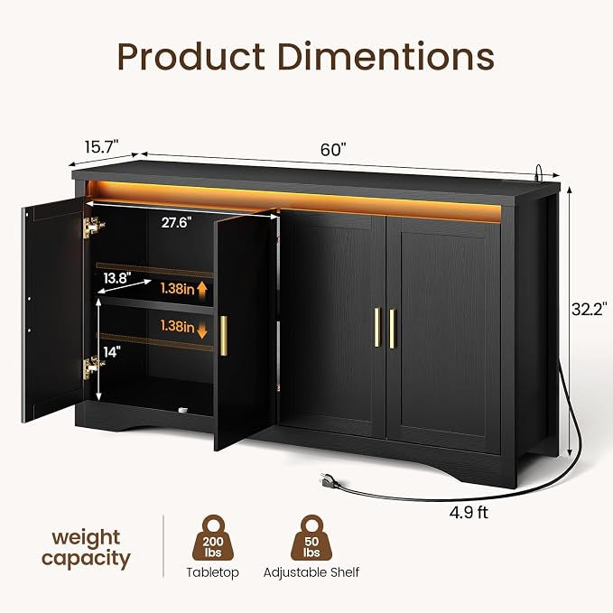 60'' Sideboard Buffet Cabinet - Image 2
