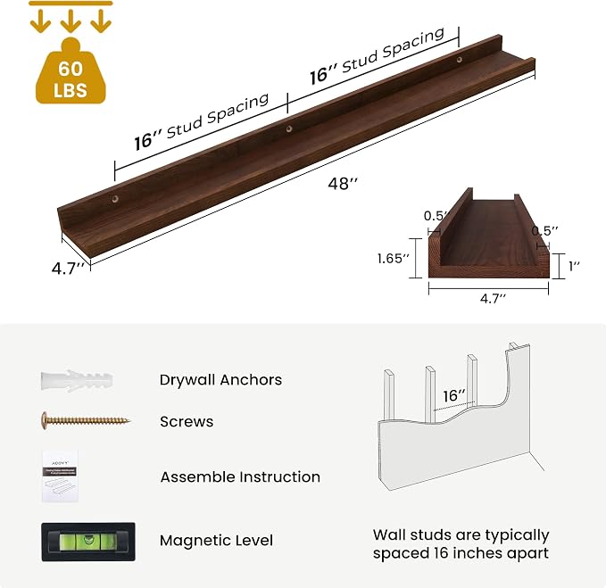 Acovy Solid Ash Wood Floating Shelves, Wood Picture Ledge Shelf Set of 2 - Image 3