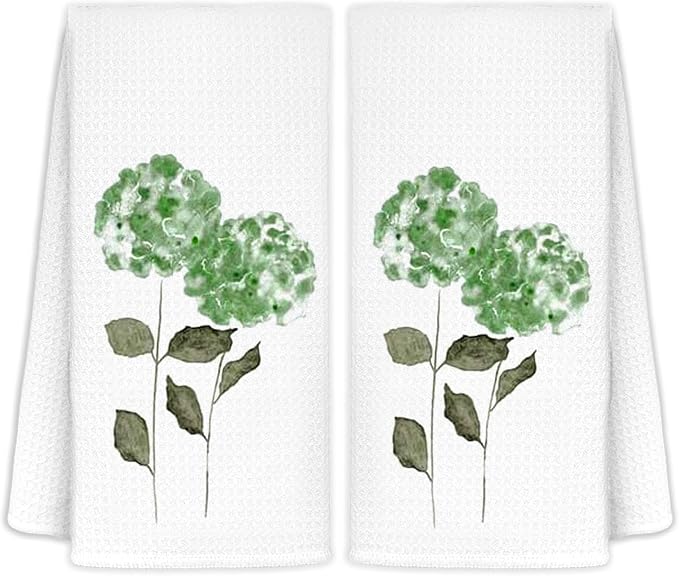 Green Hydrangea Floral Kitchen Towels Set of 2, Hydrangea Decorative Hand Towels by LoveandHome