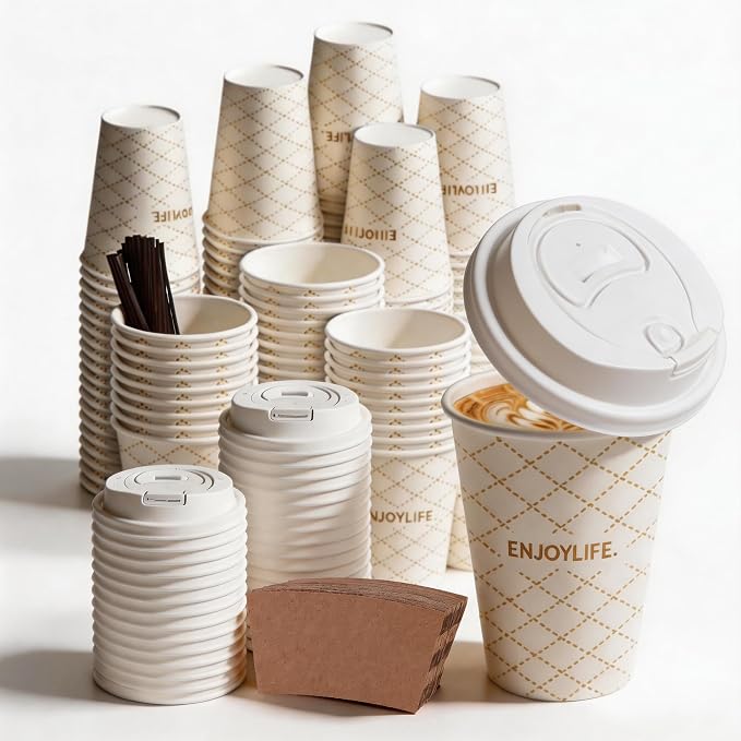 To Go Coffee Cups with Lids, 12 oz Disposable Paper Coffee Cups, 100 Pack by BIBBOO