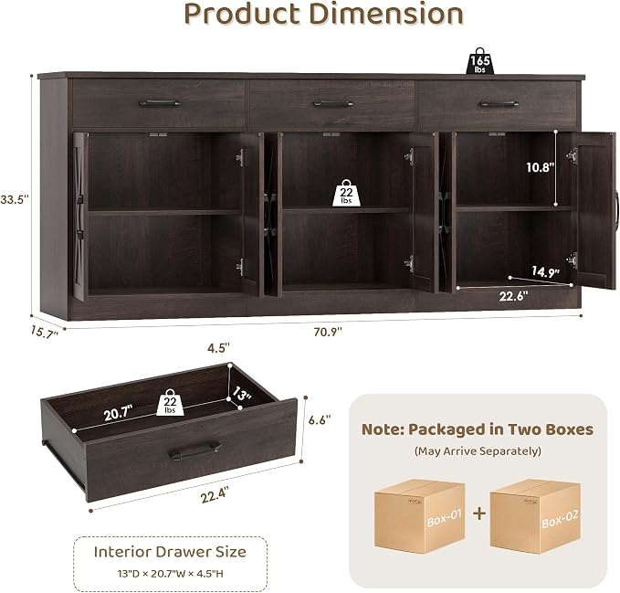 HOSTACK 71" Large Sideboard Buffet Cabinet - Image 3