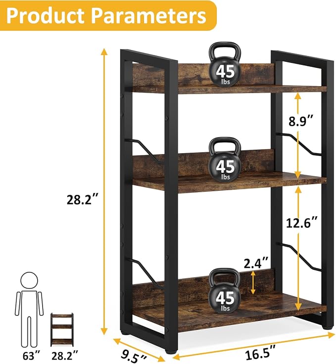 Hosfais Book Shelf Small Bookshelf: 3-Tier Wood Bookcase Industrial Bookshelf - Image 3