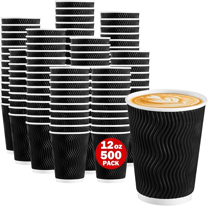 Lamosi Coffee Cups 12 oz 500 Pack, Corrugated Paper Cups 12 oz, Ripple Wall by BuyNow