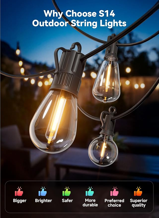 Minetom 31FT Outdoor String LED Patio Lights Waterproof, Shatterproof S14 - Image 6