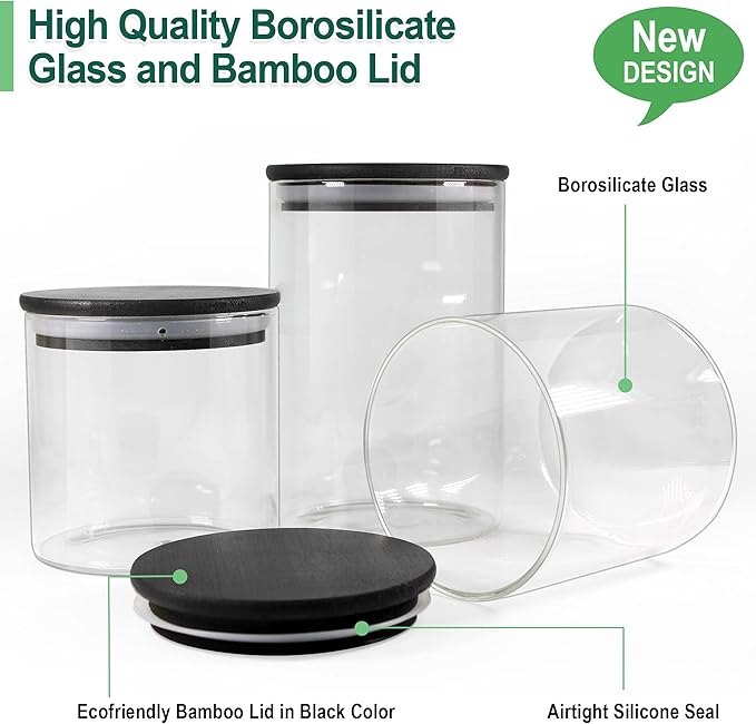 Urban Green Glass Jars with Black Bamboo Lids, Food Storage Containers with - Image 2