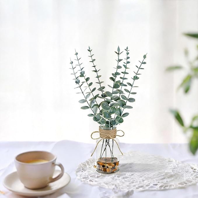 2 Pack Artificial Eucalyptus Stems in Glass Vases, Small Faux Plants - Image 4