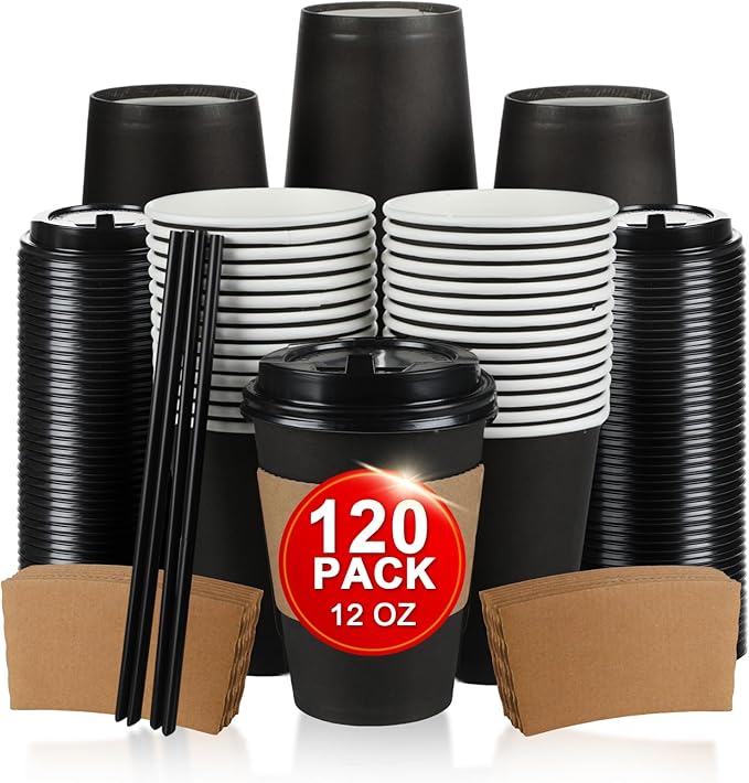 RAZCC 120 Pack 12 oz Paper Coffee Cups Set, Disposable Black Coffee Cups by RAZCC