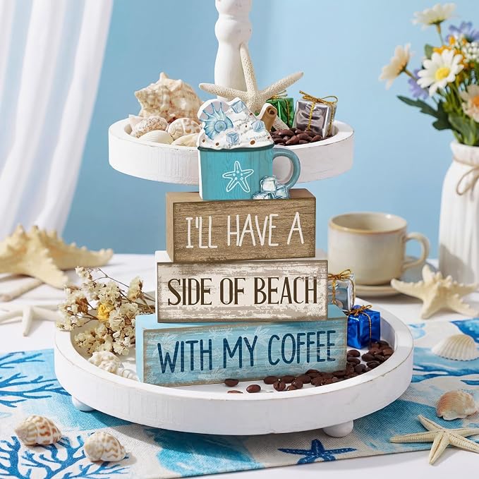 Lineshading 4 Pcs Summer Table Decorations Beach Coffee Bar Wooden Block Sign - Image 6