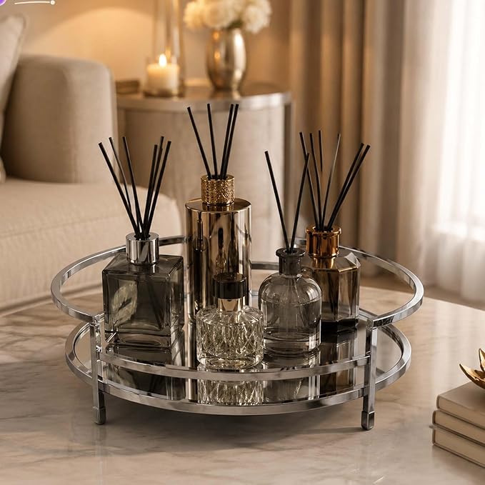 Round 12" Silver Mirror Decor Tray, Metal Mirror Serving & Glass Vanity & - Image 7