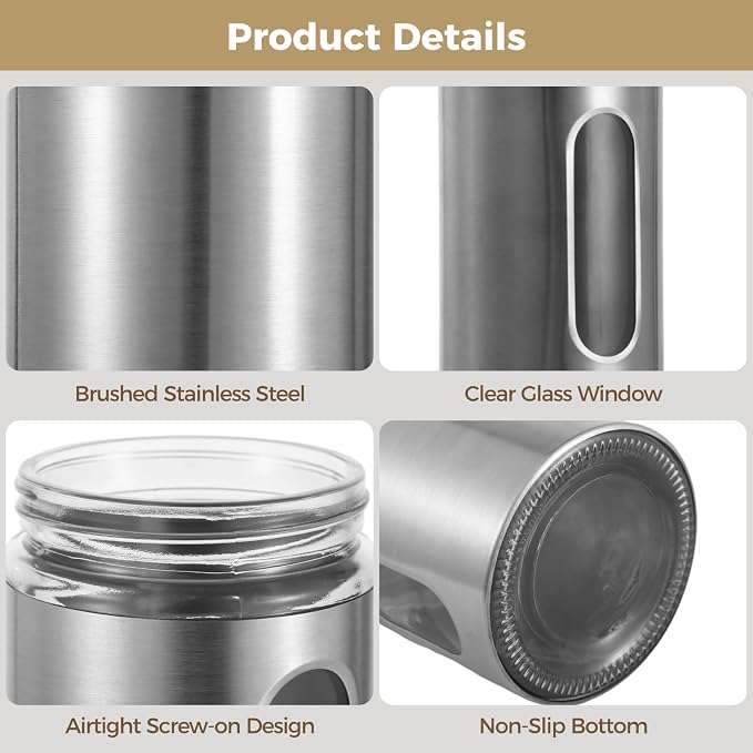 6 PCS Stainless Steel Glass Canisters, 32 oz Large Coffee Jar - Image 4