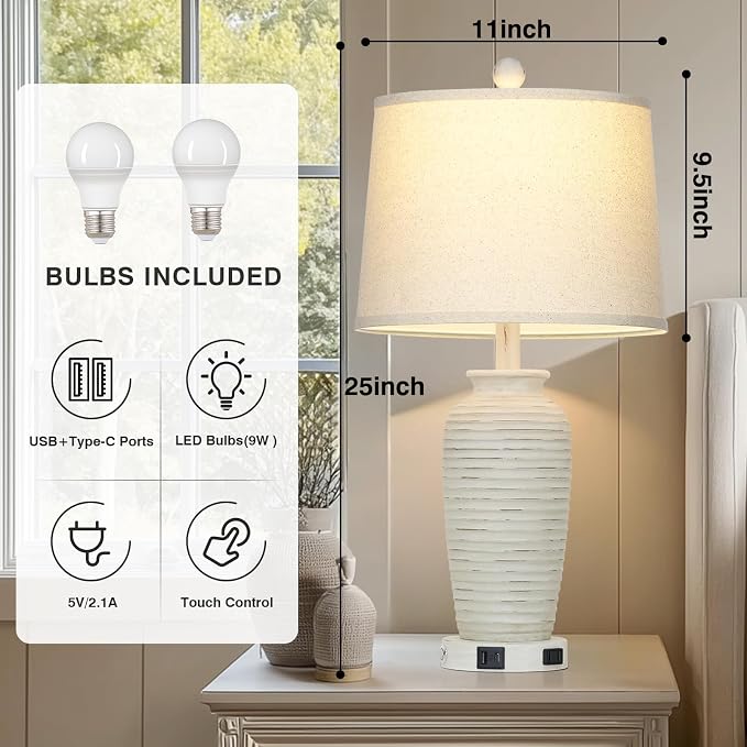 CINSARY 25" Retro White Farmhouse Jar Table Lamps - Image 6