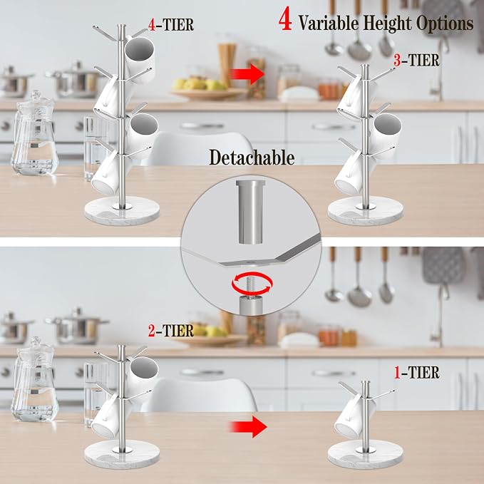 Marble Mug Holder Tree with 8 Hooks, Detachable Stainless Steel Coffee Cup - Image 4