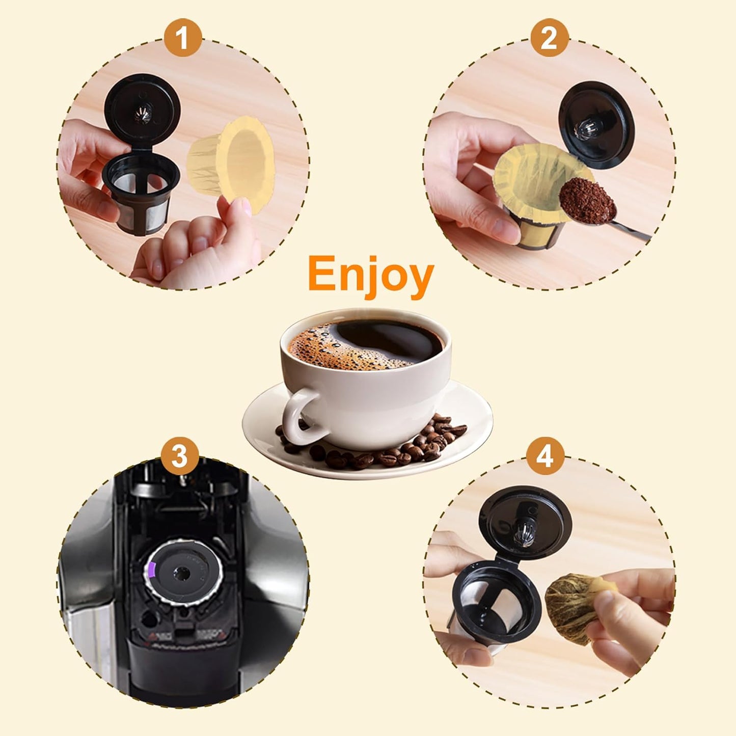 100 Count Natural Paper Filters Disposable whit 2 Reusable K Cups,Compatible with Keurig Single Serve 1.0 and 2.0, Fits All Reusable K Cup Coffee Pods