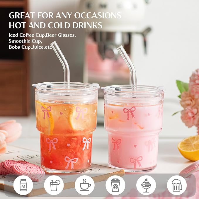 INSETLAN 13oz Bow Decal Glass Tumblers Set of 2, Thick Wall Glass Cups - Image 4