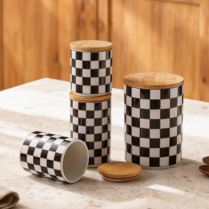 Kitchen Countertop Ceramic Checkered Canisters, Airtight Kitchen Canisters - Image 2