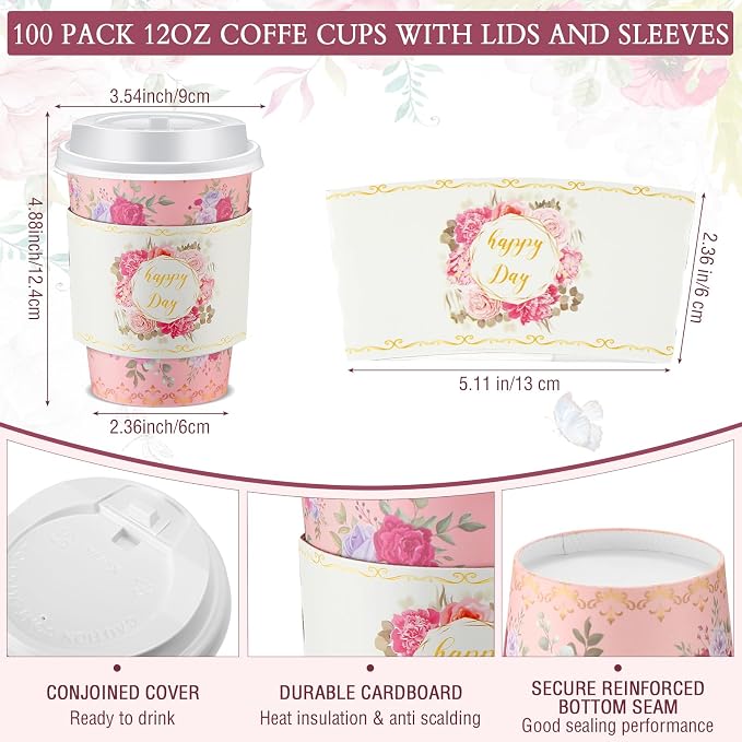 Remerry 100 Pcs 12oz Floral Disposable Coffee Cups - Image 2