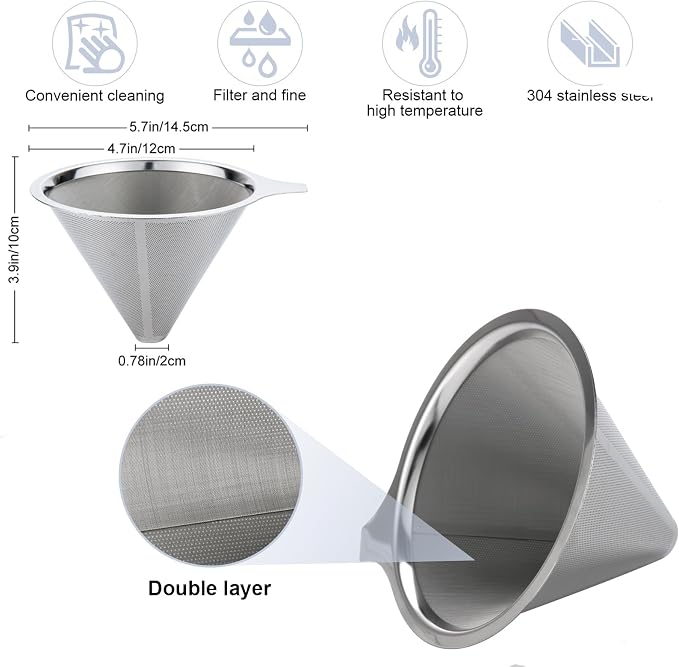 Pour Over Coffee Maker, Coffee Filter, Slow Drip Paperless Stainless Steel Cone - Image 4