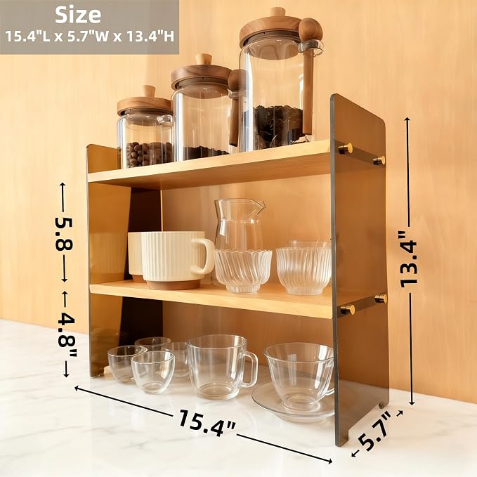 Coffee Station Organizer 2 Tier, Solid Wood Mug Shelffor Coffee Bar, Matcha - Image 2
